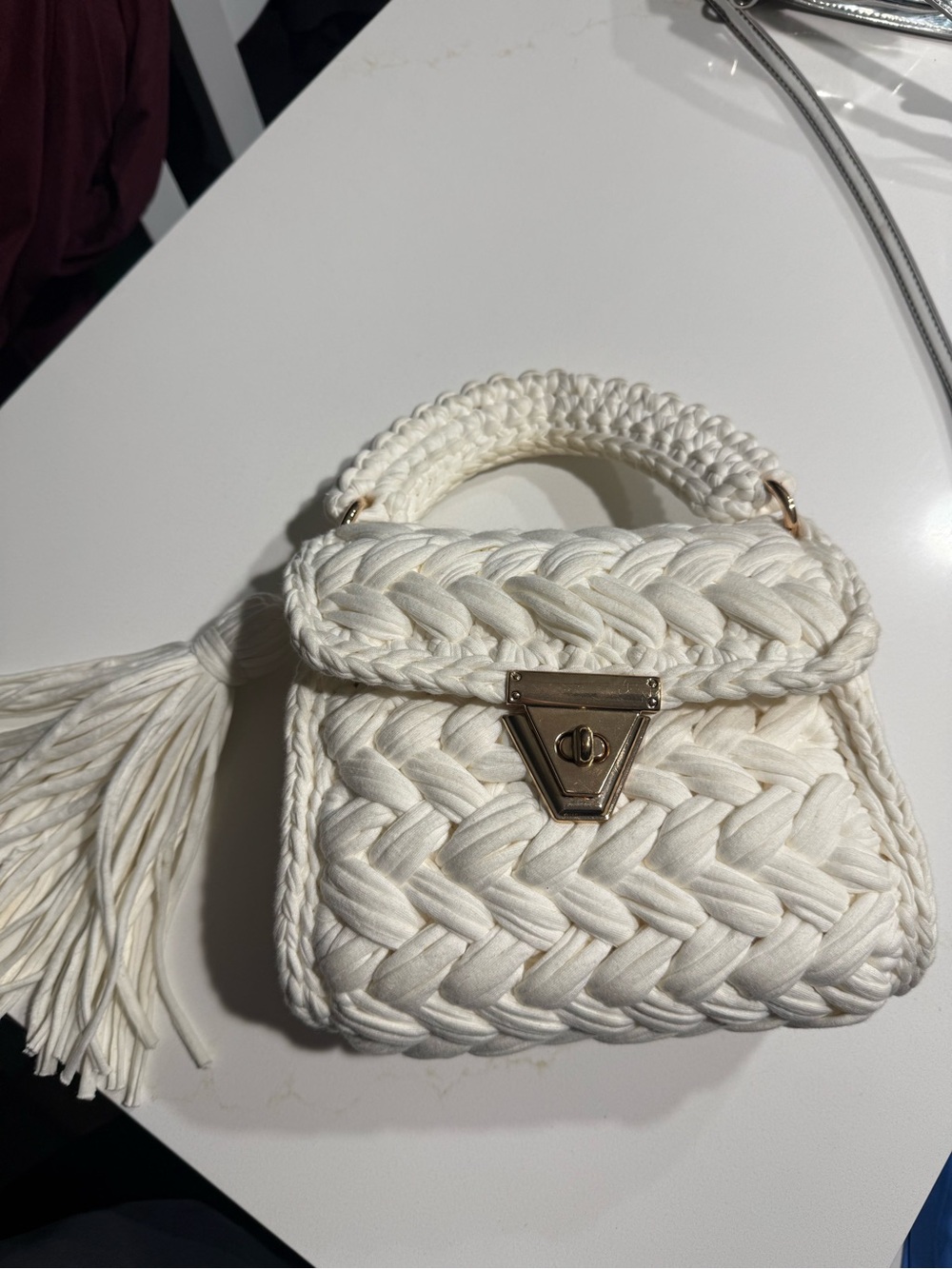 Amazon Off-White Woven Tassel Top-Handle Mini Bag